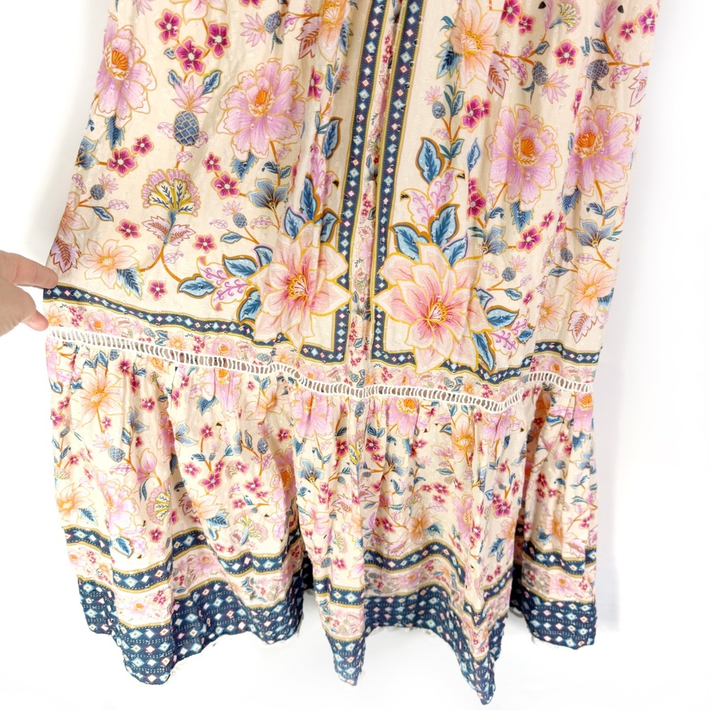 Farm Rio Superbloom Tapestry Cream Dress Floral V Neck Ruffle Sleeve Sz S - Picture 9 of 15